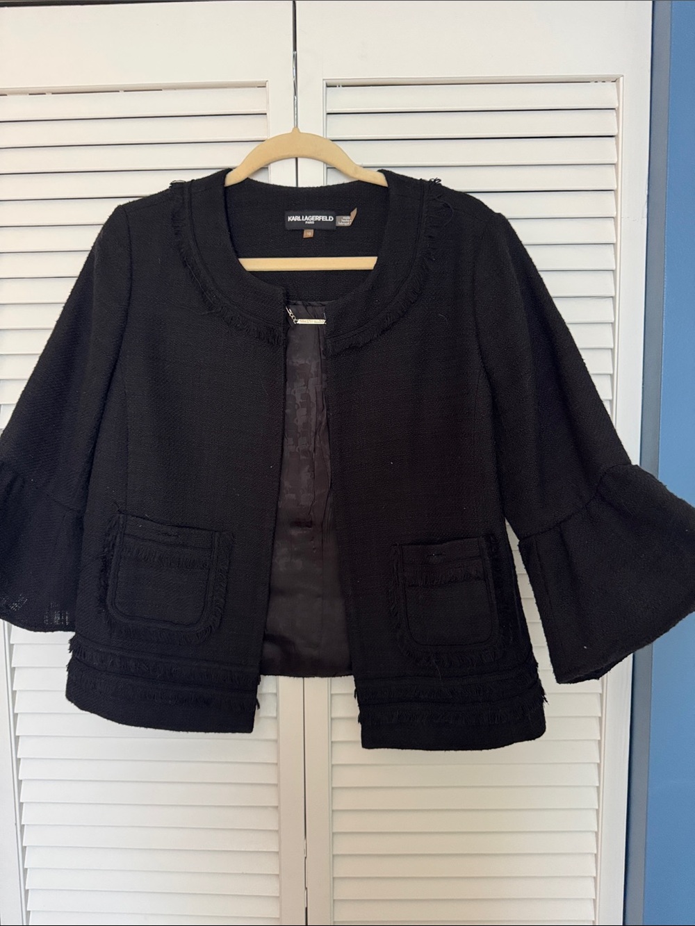 Karl Lagerfeld Black Textured Fringe Jacket with Flared Sleeves